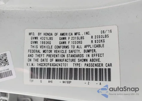 2016 Honda Accord Sport из США, поврежденный, VIN 1HGCR2F6XGA242701